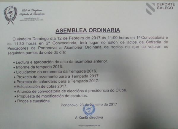 DOMINGO DÍA 12 DE FEBRERO ASAMBLEA ORDINARIA